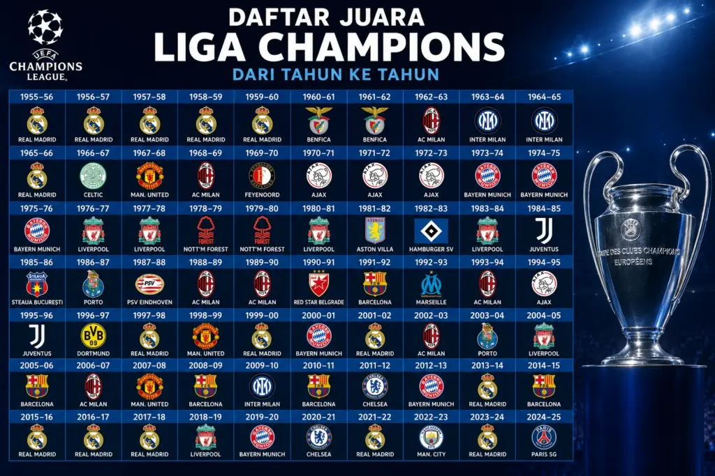Daftar Juara Champion dari Tahun ke Tahun Lengkap, Real Madrid Masih Tak Tertandingi