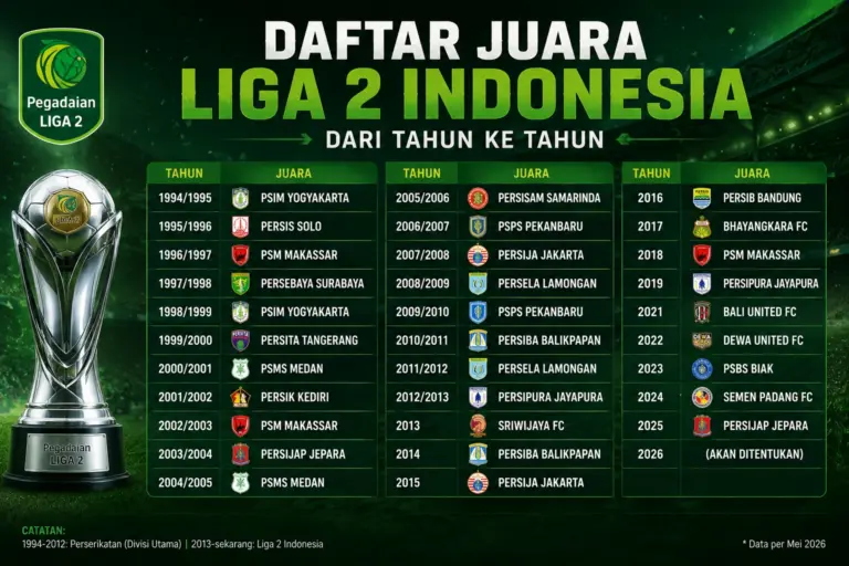 Daftar Juara Liga 2 Indonesia dari Tahun ke Tahun