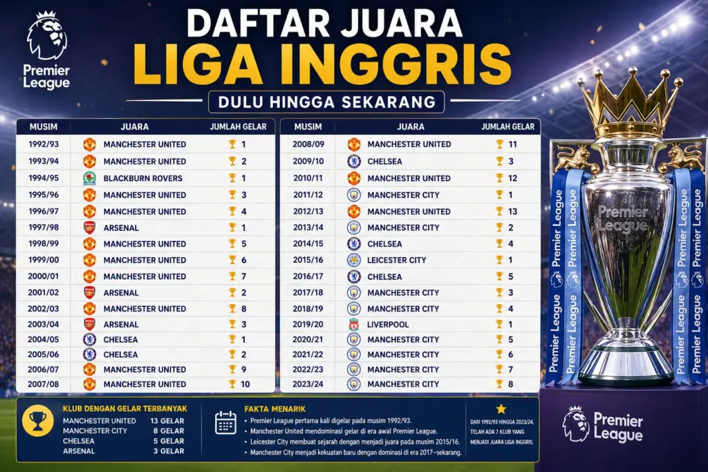 Daftar Juara Liga Inggris, Arsenal Juara 2026 dan Klub Terbanyak