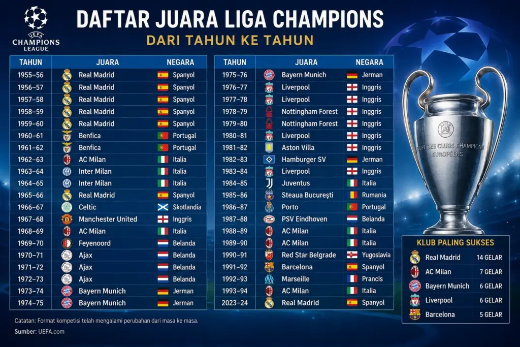Daftar Juara Liga Champion dari Tahun ke Tahun Lengkap 2026