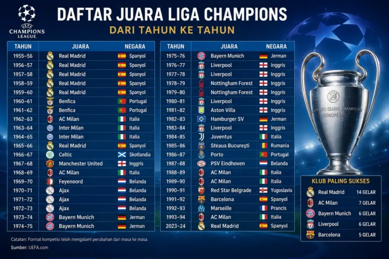 Daftar Juara Liga Champion dari Tahun ke Tahun Lengkap 2026