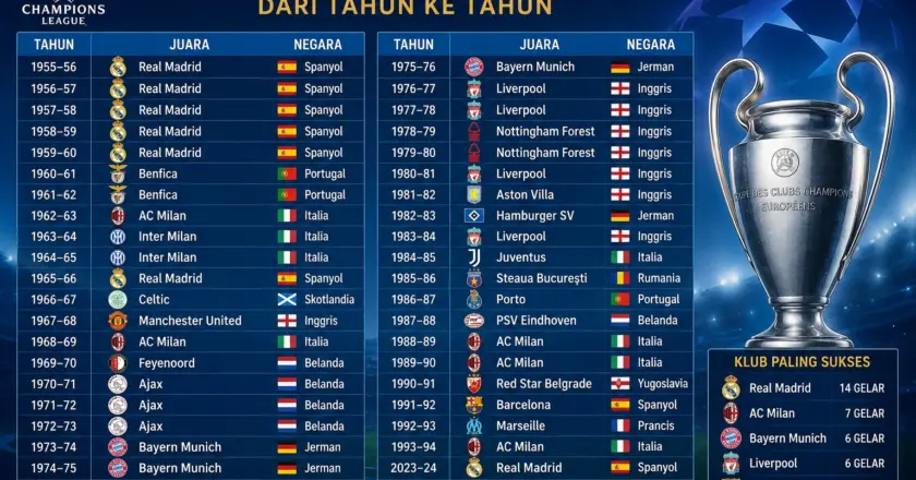 Daftar Juara Liga Champion dari Tahun ke Tahun Lengkap 2026