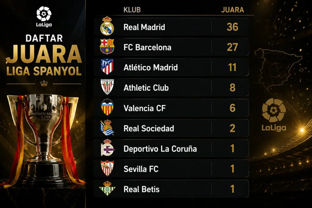 Daftar juara Liga Spanyol selalu menjadi topik menarik bagi penggemar sepak bola dunia. Kompetisi La Liga dikenal sebagai salah satu liga terbaik di dunia karena dihuni klub-klub elite dengan sejarah panjang dan rivalitas besar. Banyak orang penasaran siapa klub paling sukses, berapa kali FC Barcelona juara La Liga, hingga kapan terakhir Real Madrid CF menjadi juara. Selain itu, pencarian seperti juara La Liga 10 tahun terakhir dan siapa raja Liga Spanyol juga terus meningkat karena persaingan antara Barcelona dan Real Madrid selalu menghadirkan cerita menarik setiap musim. Artikel ini akan membahas lengkap daftar juara Liga Spanyol sepanjang sejarah, klub paling dominan, statistik gelar terbanyak, hingga analisis kenapa La Liga menjadi salah satu kompetisi paling bergengsi di dunia. Apa Itu Daftar Juara Liga Spanyol? Daftar juara Liga Spanyol adalah catatan klub-klub yang berhasil memenangkan kompetisi La Liga sejak pertama kali digelar pada tahun 1929. Kompetisi ini diikuti klub-klub terbaik Spanyol dan menggunakan sistem poin penuh selama satu musim. Tim dengan poin tertinggi di akhir musim resmi menjadi juara La Liga. Dalam sejarahnya, hanya beberapa klub yang benar-benar mendominasi kompetisi ini, terutama: Real Madrid Barcelona Atletico Madrid Athletic Bilbao Valencia Daftar juara Liga Spanyol sering dijadikan ukuran sejarah dan kekuatan sebuah klub di kompetisi domestik. Kenapa Banyak Orang Mencari Daftar Juara Liga Spanyol? Ada beberapa alasan kenapa keyword daftar juara Liga Spanyol punya volume pencarian tinggi. Rivalitas Barcelona dan Real Madrid Persaingan dua klub raksasa ini membuat banyak orang ingin membandingkan jumlah gelar mereka. Ingin Tahu Klub Paling Sukses Penggemar sepak bola sering penasaran siapa klub dengan trofi La Liga terbanyak sepanjang sejarah. Statistik Menarik untuk Fans Bola Data juara La Liga sering digunakan untuk: Konten sepak bola Analisis pertandingan Perdebatan fans Statistik media sosial Banyak Generasi Baru Penggemar Bola Fans baru ingin memahami sejarah kompetisi dan dominasi klub-klub besar Spanyol. Daftar Juara Liga Spanyol Terbanyak Berikut daftar klub dengan gelar La Liga terbanyak sepanjang sejarah. Klub Jumlah Gelar Real Madrid 36 Barcelona 27 Atletico Madrid 11 Athletic Bilbao 8 Valencia 6 Real Sociedad 2 Deportivo La Coruna 1 Sevilla 1 Dari tabel tersebut terlihat bahwa Real Madrid CF masih menjadi klub paling sukses dalam sejarah La Liga. Siapa Raja Liga Spanyol? Jika melihat jumlah trofi, Real Madrid masih layak disebut sebagai raja Liga Spanyol. Alasannya: Gelar La Liga terbanyak Konsisten di berbagai era Dominan di kompetisi Eropa Memiliki banyak pemain legenda Namun FC Barcelona juga punya periode dominasi luar biasa, terutama di era Lionel Messi. Karena itu, perdebatan soal siapa raja Liga Spanyol masih terus berlangsung sampai sekarang. Berapa Kali Barcelona Juara La Liga? Barcelona sudah memenangkan La Liga sebanyak 27 kali. Beberapa era paling sukses Barcelona terjadi saat diperkuat pemain seperti: Lionel Messi Xavi Hernandez Andres Iniesta Ronaldinho Sergio Busquets Dominasi Barcelona sangat terasa pada era 2008 hingga 2019 ketika mereka hampir selalu menjadi kandidat juara utama. Kapan Terakhir Barca Juara La Liga? Terakhir kali Barcelona menjadi juara La Liga adalah musim 2022/2023. Saat itu Barcelona tampil sangat solid di bawah pelatih Xavi dan berhasil mengungguli Real Madrid dalam perebutan gelar. Faktor keberhasilan Barcelona musim itu antara lain: Pertahanan paling solid Konsistensi poin Performa kandang yang kuat Berapa Kali Real Madrid Juara La Liga? Real Madrid CF sudah memenangkan La Liga sebanyak 36 kali. Jumlah tersebut menjadikan Real Madrid sebagai klub tersukses dalam sejarah kompetisi Liga Spanyol. Real Madrid dikenal memiliki beberapa generasi emas seperti: Era Alfredo Di Stefano Era Galacticos Era Cristiano Ronaldo Era Vinicius dan Bellingham Kapan Terakhir Madrid Juara La Liga? Terakhir kali Real Madrid juara La Liga terjadi pada musim 2023/2024. Madrid tampil dominan hampir sepanjang musim dengan lini serang produktif dan pertahanan yang stabil. Pemain yang paling berpengaruh saat itu antara lain: Jude Bellingham Vinícius Júnior Rodrygo Juara La Liga 10 Tahun Terakhir Berikut daftar juara La Liga 10 tahun terakhir. Musim Juara 2024/2025 Real Madrid 2023/2024 Real Madrid 2022/2023 Barcelona 2021/2022 Real Madrid 2020/2021 Atletico Madrid 2019/2020 Real Madrid 2018/2019 Barcelona 2017/2018 Barcelona 2016/2017 Real Madrid 2015/2016 Barcelona Dari daftar tersebut terlihat bahwa Real Madrid dan Barcelona masih sangat dominan dalam satu dekade terakhir. Juara La Liga 5 Tahun Terakhir Berikut daftar juara La Liga 5 tahun terakhir. Musim Juara 2024/2025 Real Madrid 2023/2024 Real Madrid 2022/2023 Barcelona 2021/2022 Real Madrid 2020/2021 Atletico Madrid Atletico Madrid menjadi satu-satunya klub yang berhasil memutus dominasi Madrid dan Barcelona dalam periode tersebut. Faktor Kenapa Real Madrid dan Barcelona Dominan Finansial Lebih Kuat Kedua klub punya pemasukan besar dari sponsor, tiket, dan hak siar. Pemain Kelas Dunia Mereka hampir selalu memiliki pemain elite di setiap generasi. Akademi dan Rekrutmen Bagus Barcelona terkenal lewat La Masia, sedangkan Madrid kuat dalam transfer pemain bintang. Mental Juara Pengalaman panjang membuat kedua klub sangat konsisten dalam perebutan gelar. Kelebihan dan Kekurangan Dominasi Klub Besar di La Liga Kelebihan Membuat kualitas liga tetap tinggi Menarik perhatian dunia Menghadirkan pertandingan besar setiap musim Kekurangan Persaingan gelar jadi kurang merata Klub kecil sulit bersaing Ketimpangan finansial semakin besar Solusi Agar Persaingan La Liga Lebih Kompetitif Banyak penggemar berharap kompetisi La Liga lebih seimbang. Beberapa solusi yang sering dibahas: Distribusi hak siar lebih merata Pengembangan akademi klub kecil Regulasi keuangan yang lebih ketat Dukungan sponsor untuk klub menengah Tips Memahami Statistik Juara Liga Spanyol Jangan Hanya Fokus Jumlah Gelar Perhatikan juga era kompetisi dan tingkat persaingan tiap musim. Lihat Konsistensi Klub Klub besar biasanya mampu bersaing dalam jangka panjang. Bandingkan Prestasi Eropa Dominasi domestik sering berhubungan dengan performa di kompetisi Eropa. Pemain Legendaris yang Identik dengan Gelar La Liga Beberapa pemain paling identik dengan sejarah juara La Liga antara lain: Lionel Messi Cristiano Ronaldo Raúl Andrés Iniesta Sergio Ramos Mereka menjadi bagian penting dari era dominasi klub masing-masing. Pertanyaan yang Sering Dicari (FAQ) Siapa juara Liga Spanyol terbanyak? Real Madrid menjadi klub dengan gelar La Liga terbanyak sepanjang sejarah. Berapa kali Barcelona juara La Liga? Barcelona sudah memenangkan La Liga sebanyak 27 kali. Kapan terakhir Barcelona juara La Liga? Barcelona terakhir menjadi juara pada musim 2022/2023. Berapa kali Real Madrid juara La Liga? Real Madrid sudah mengoleksi 36 gelar La Liga. Kapan terakhir Real Madrid juara La Liga? Real Madrid terakhir juara pada musim 2023/2024. Siapa raja Liga Spanyol? Secara jumlah trofi, Real Madrid masih dianggap sebagai raja Liga Spanyol. Kesimpulan Daftar juara Liga Spanyol menunjukkan betapa besarnya dominasi Real Madrid dan Barcelona dalam sejarah La Liga. Kedua klub terus bersaing menjadi yang terbaik selama puluhan tahun dan menghadirkan rivalitas yang sulit ditandingi liga lain. Jika melihat jumlah gelar, Real Madrid masih menjadi raja Liga Spanyol dengan koleksi trofi terbanyak. Namun Barcelona juga punya sejarah panjang dan era dominasi luar biasa, terutama pada masa Lionel Messi. Bagi penggemar sepak bola, memahami daftar juara Liga Spanyol bukan hanya soal statistik, tetapi juga memahami sejarah, rivalitas, dan perkembangan salah satu liga terbaik dunia.