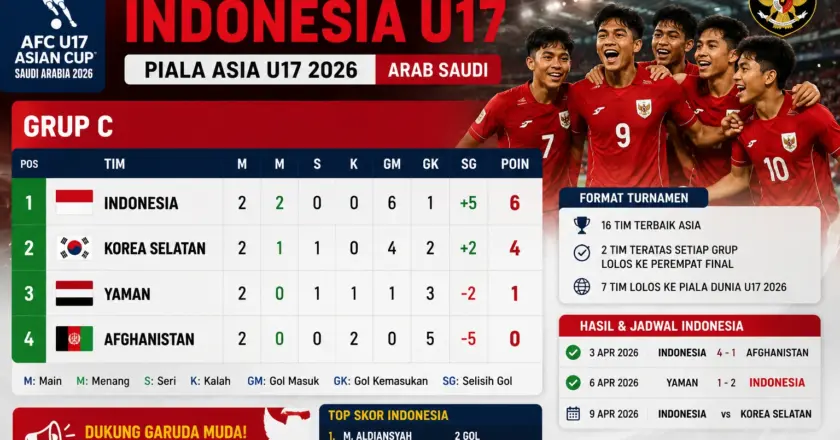 Klasemen Grup Indonesia U17 Piala Asia 2026 Terbaru, Posisi dan Peluang Lolos