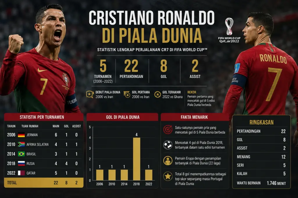 Statistik Cristiano Ronaldo di Piala Dunia: Gol, Assist, Rekor, dan Perbandingan dengan Messi 1 Statistik Cristiano Ronaldo di Piala Dunia