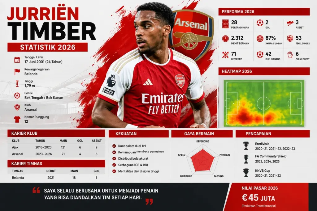 Statistik Jurrien Timber 2026: Performa, Cedera, dan Perjalanan Karier di Arsenal 1 Statistik Jurrien Timber 2026