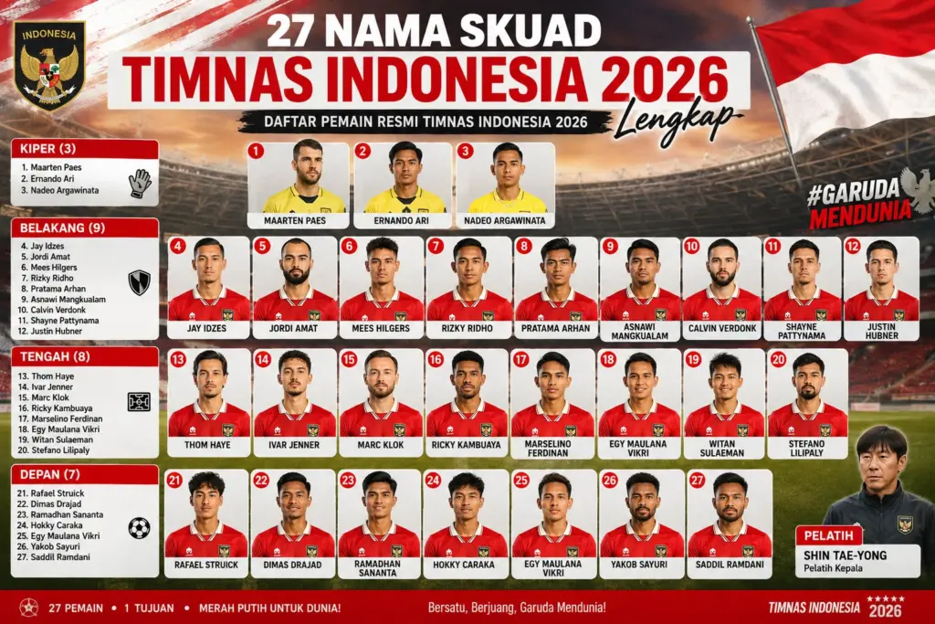 27 Nama Skuad Timnas Indonesia 2026 Lengkap, Pemain Senior, U-23, hingga AFF